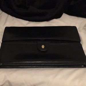 Lou Taylor vintage black clutch bag with built in gold tone mirror